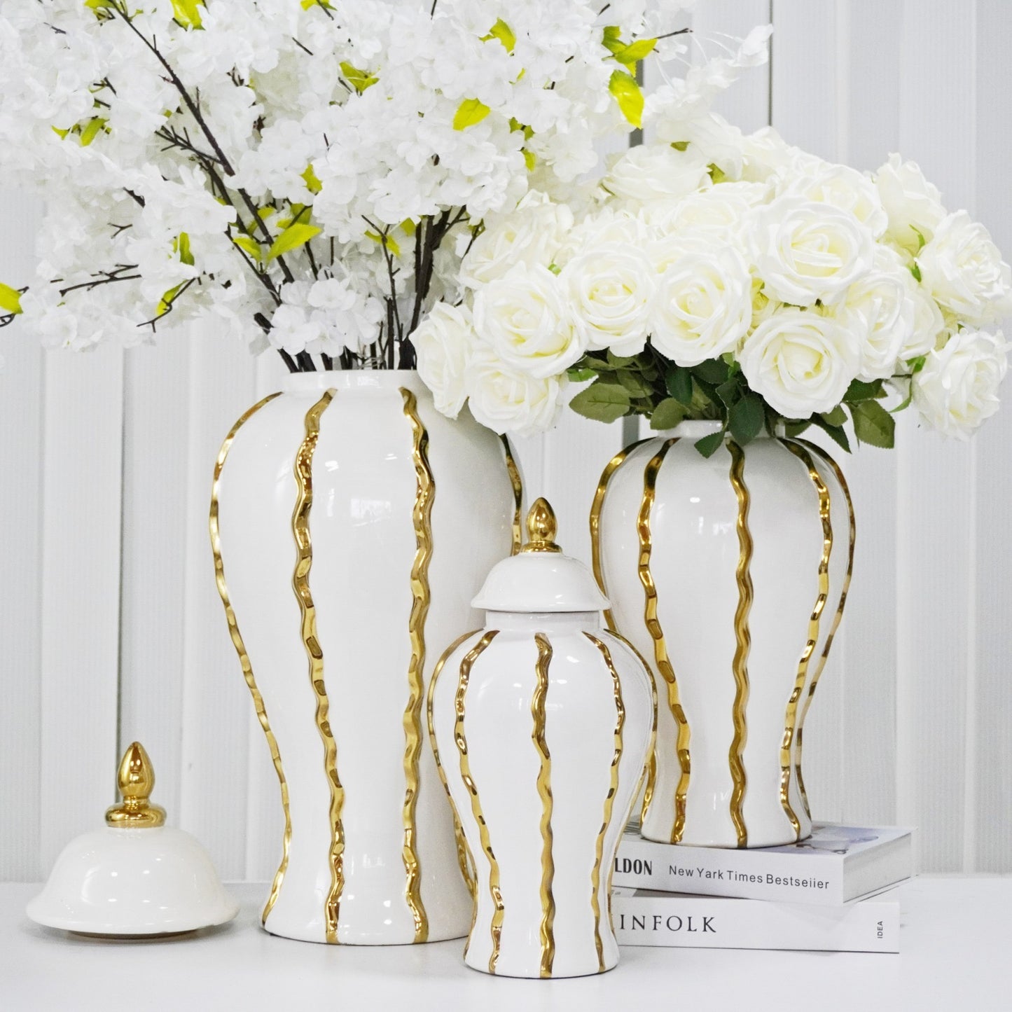 Terry's White & Gold Decorative Ginger Jar Vase with Lid