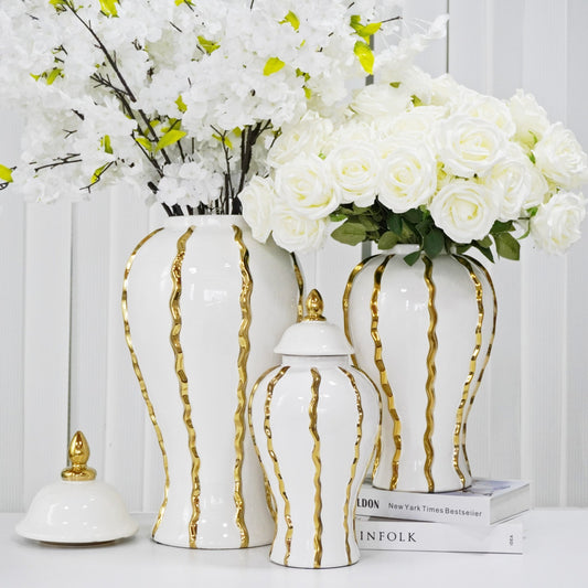 Terry's White & Gold Decorative Ginger Jar Vase with Lid